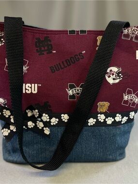 Mississippi State University Bulldogs Maroon and Denim Tote with Paw-Print Trim